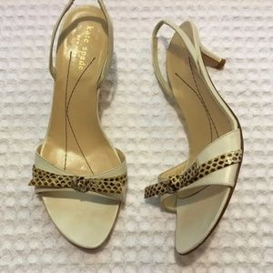 KATE SPADE Slingback Open Toe Sandals Kitten Heels w/ Snakeskin Bow $328 Ivory 6
